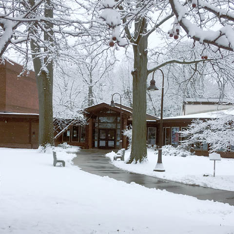 Lake Erie Nature Science Center entrance in snowy weather